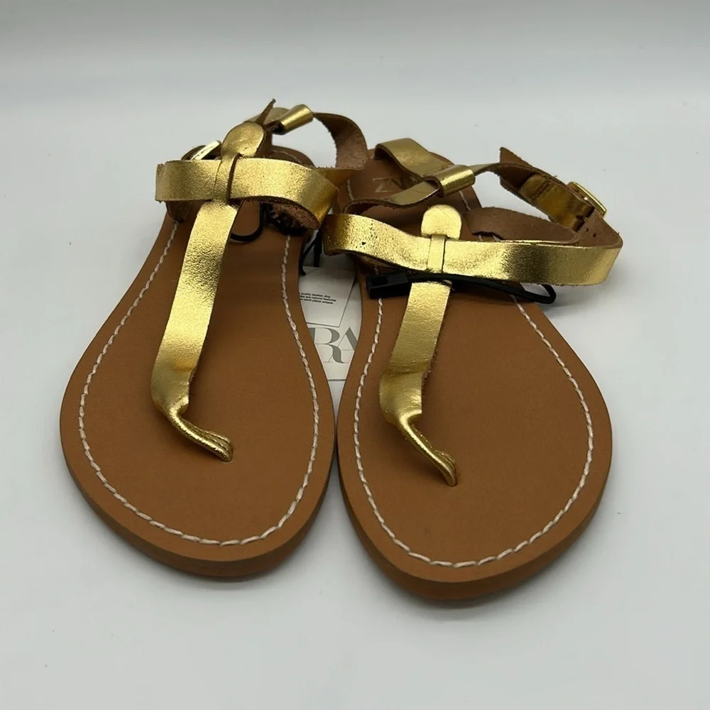 ZARA Gold Leather Flat Sandals Size 7.5 EU 38 NWT Leather Upper, Rubber Sole - Picture 4 of 10